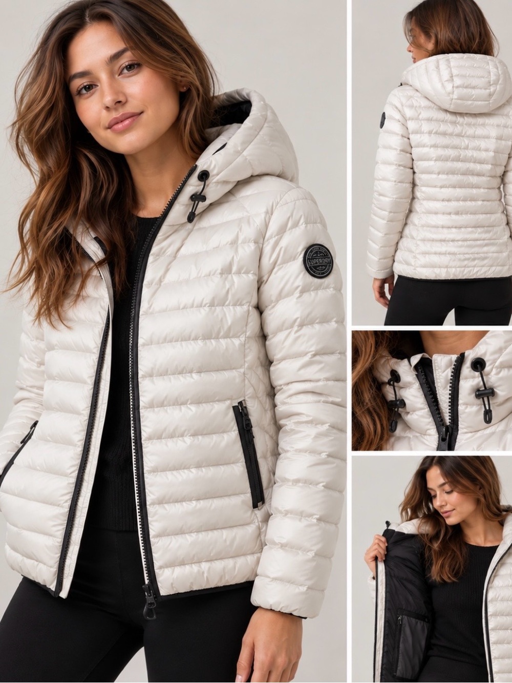 Superdry Core Down White Quilted Hooded Puffer with Black Trim US2
